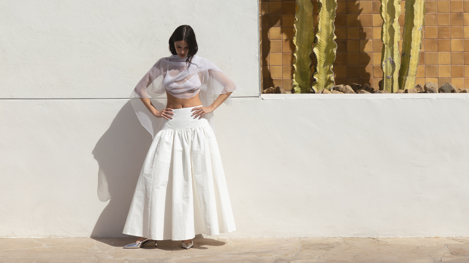 White skirt look from Maje White Edit collection
